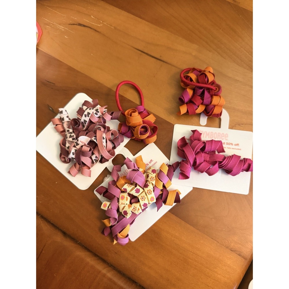 Lot of 5 Gymboree Girls Curl Ribbon Bow Hair Clips/Ties Pink Purple Orange